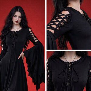 New Witchcore Gothic Lace Up Maxi Dress Bell Sleeve Dark Academia